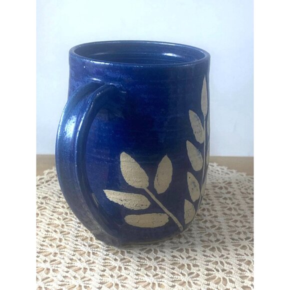 Handcrafted Blue Ceramic Mug With Gold Leaf Design By Contact Bridge 16 Oz - Picture 4 of 6